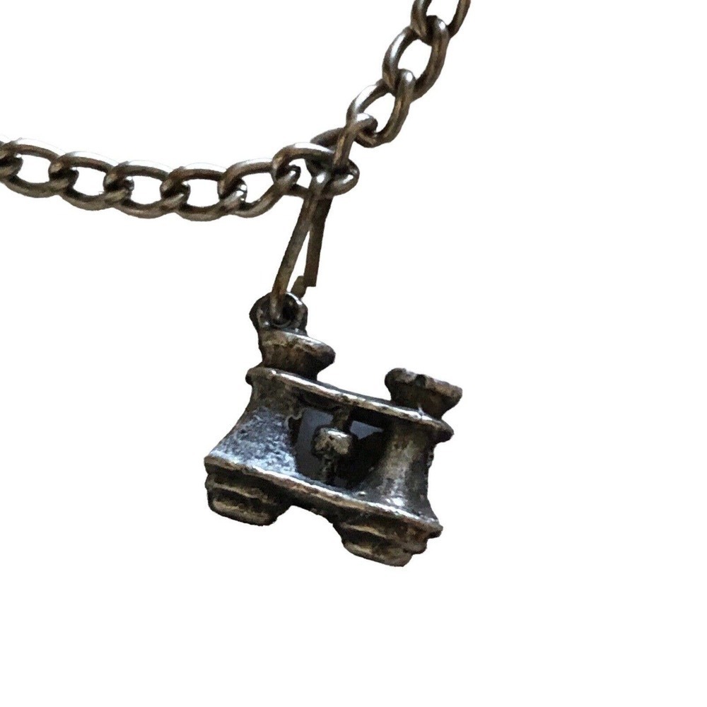 Antique Art Deco Metal Charm 7.￼25” Bracelet 5 Charms Ships Violin Binoculars - Picture 6 of 10